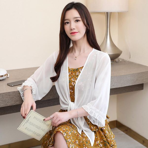 

women's knits & tees spring ly summer cardigans women blouse loose ladies short ruffles long sleeve v neck solid chic streetwear sunscr, White