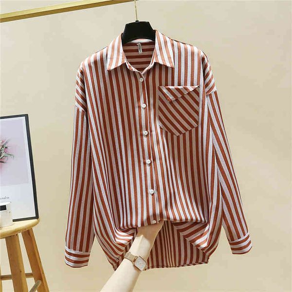 

spring autumn stripe shirt for women turn down collar long sleeves pocket loose shirts office ladies blouses 210428, White