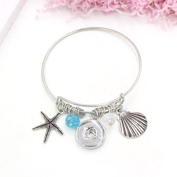 

new arrival wholesale ocean starfish seashell bracelets for women expandable wire bangle liobonar snaps buttons charms 18mm snap jewelry gif, Golden;silver
