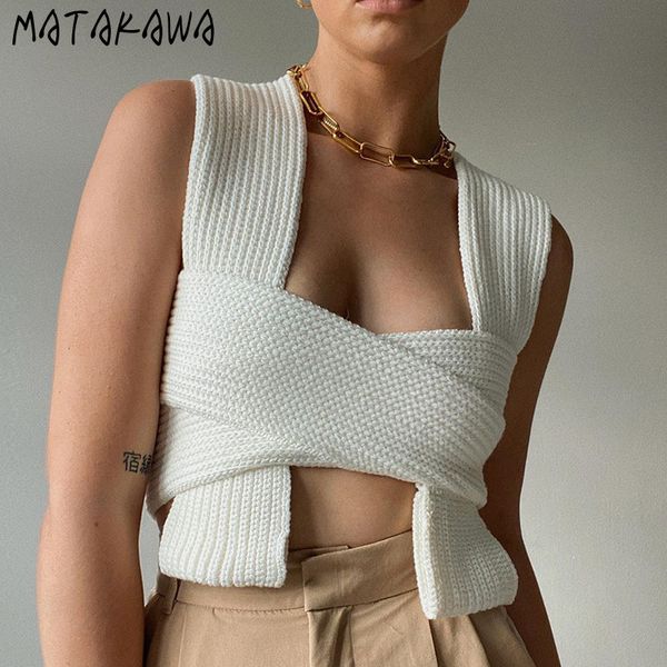 

matakawa sleeveless knitted crop sweater spring summer fashion vest black white casual jumper female womens 210513