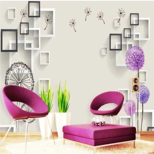 

wallpapers custom mural wallpaper modern geometric 3d effect stereo black and white purple dandelion flower plant fashion living room