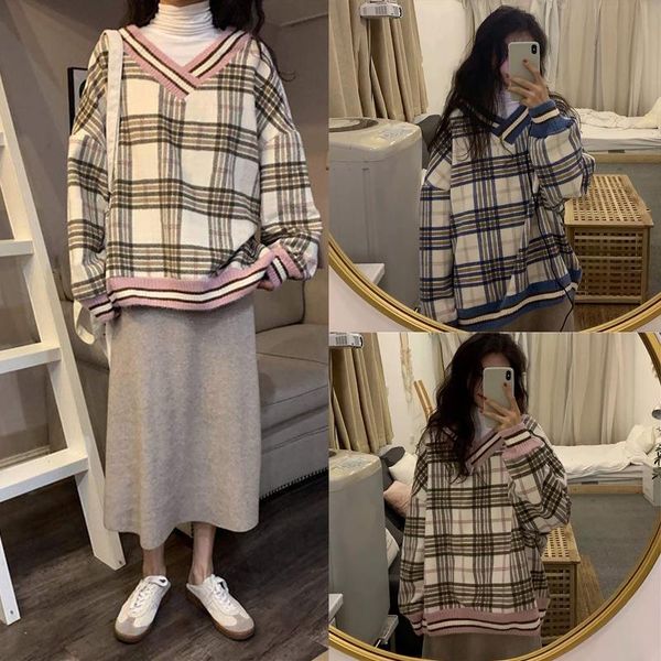 

women's hoodies & sweatshirts v-neck sweet plaid pullover sweatershirt loose long sleeve sweatershirts womens casual, Black