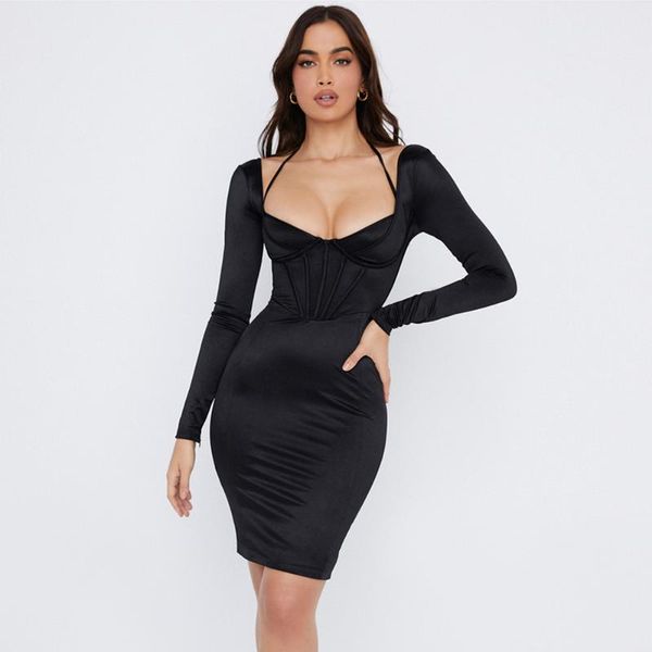 

party dresses ladies vestido vintage vibes black skinny slim nightclub low neck bodycon long sleeve satin evening prom robe, White;black