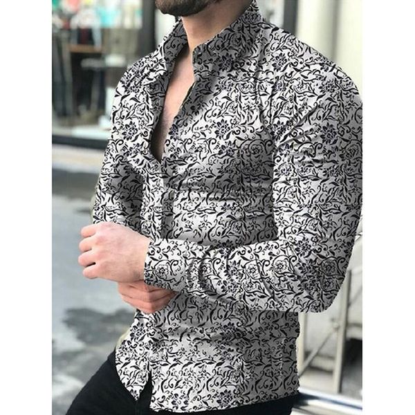 

fashion shirts for men long sleeve floral print shirt autumn dress camisa button lapels collar male turn down men's casual, White;black