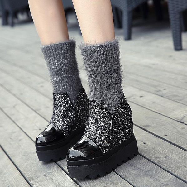 

boots 11cm slope heel super high heels 2021 inner increase women's waterproof platform mid-tube, Black