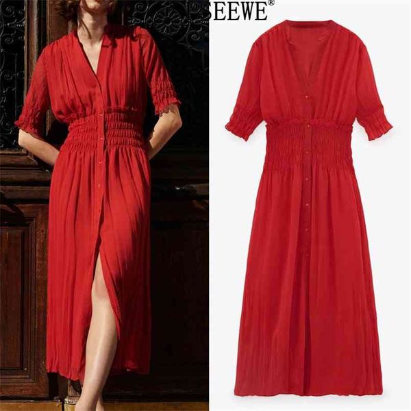 

woman red chiffon summer long dresses ladies elegant women's elastic waist button up short sleeve dress 210519, Black;gray