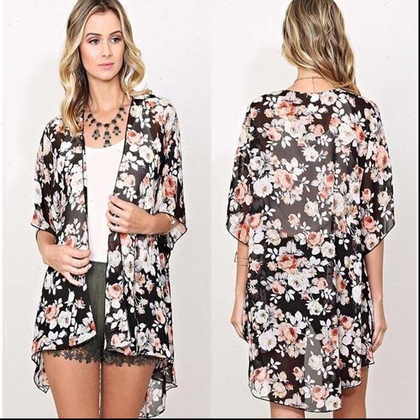 

floral chiffon loose fringe women blouses kimono long beach cover up ladies casual boho summer holiday clothes, White