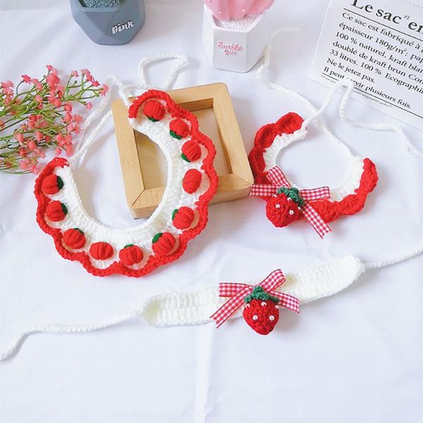 

cat collars & leads cute hand-woven strawberry crochet collar manual woolen dog bandana bowknot pet necklace kitty scarf accessories