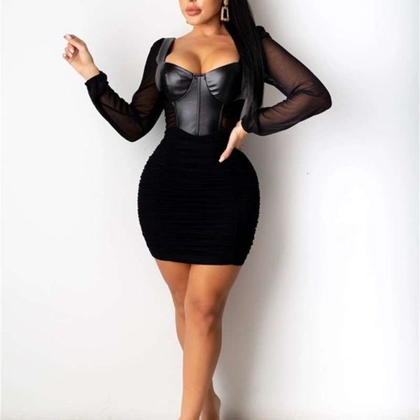 

casual dresses pu women's stitching fashion dress, Black;gray