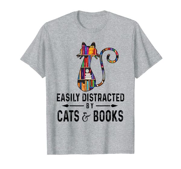 

funny quote easily distracted by cats and books gift t-shirt, White;black