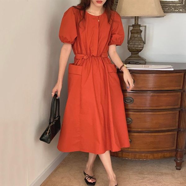 

party dresses [ewq] korea chic casual fashion o neck robe solid color pleated loose pocket puff sleeve dress female summer 2021 16e752, White;black