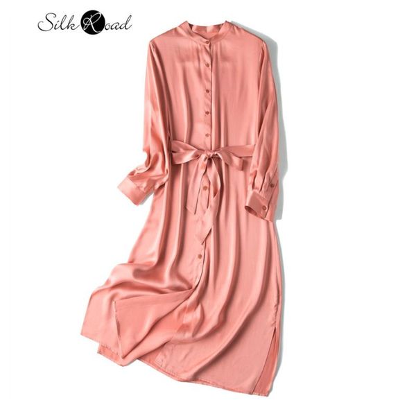 

casual dresses silviye silk satin dress women's mulberry fashion stand up collar western style waist show thin long sleeve a-line, Black;gray