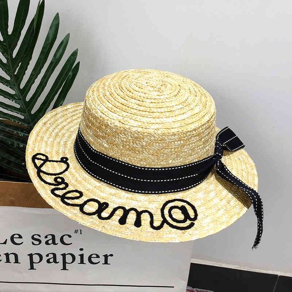 

summer straw hat children's korean alphabet embroidery straw hat, Blue;gray