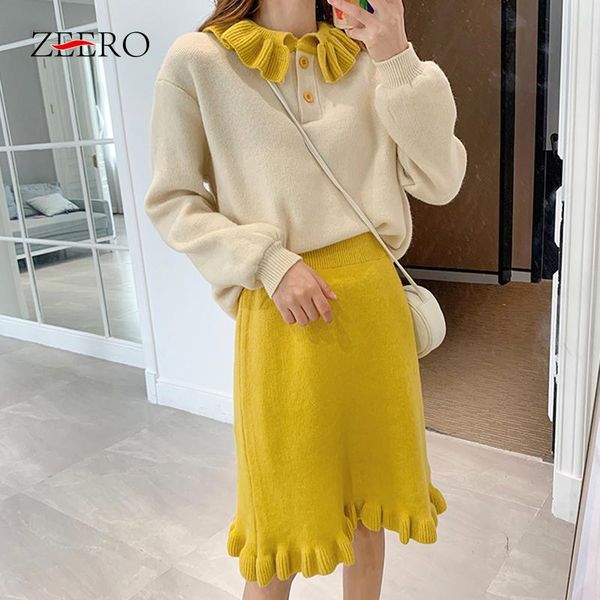 

two piece dress sweet gril 2 set 2021 winter autum long sleeve knit sweater pullover + elastic skirt women outfits, White