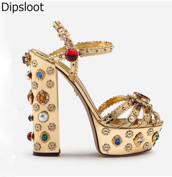 

luxury zapatos gemstone with pearl studs platform sandals peep toe chunky heels shoes mujer wedding high, Black