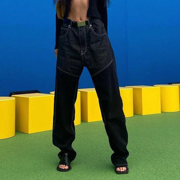 

women's jeans cowgirl straight pants street hipster 2021 high waist dark wide leg trousers fashion bright line color matching casual, Blue
