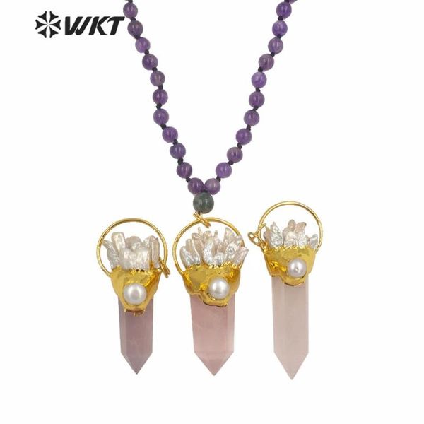 

wt-n1243 lady gorgeous long beads rose quart stone necklace precious natural a-methyst energy spirit quartz pendant necklaces, Silver