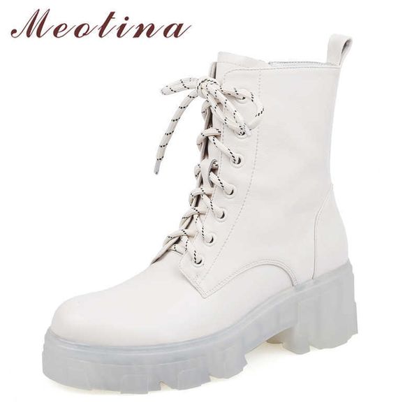 

meotina motorcycle boots women shoes real leather platform thick heels ankle boots zipper cross tied high heel short boots beige 210608, Black