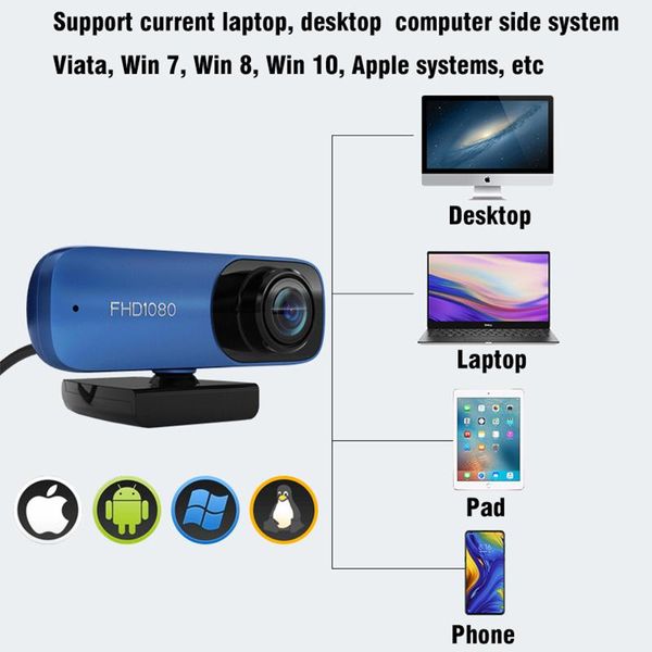 Webcam USB com foco automático 1080P FullHD Live Video Meeting Broadcast PC Web Camera