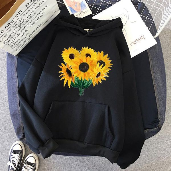 

women's hoodies & sweatshirts for women streetwear winter sunflower print graphics hip hop sweatshirt hipster casual korean clothes fem, Black