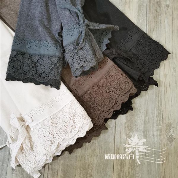 

0339 mori knitted sanded women leggings cotton comfortable elastic sweet lace waist cropped trousers, Black