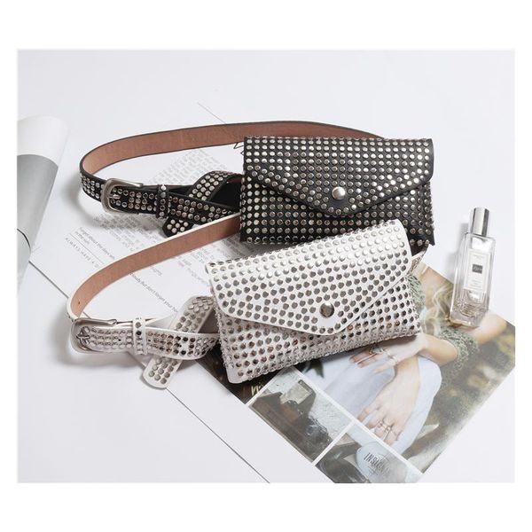 

belts waist pack mobile phone bag exaggerated metal decoration punk trend crossbody rivet leather belt women's decorations, Black;brown
