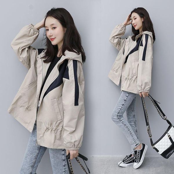 

women's trench coats fashion 2021 color block windbreaker female loose hooded outerwear korean spring autumn women basic, Tan;black
