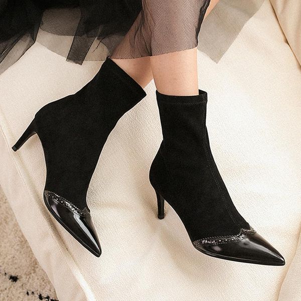 

boots isnom stretch sock women ankle pointed toe cow leather shoes female short party high heels ladies autumn 2021, Black