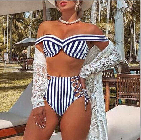 

striped swimsuit women high waist bikini set off shoulder swimwear 2021 push up bathing suit two-piece brazilain bathers