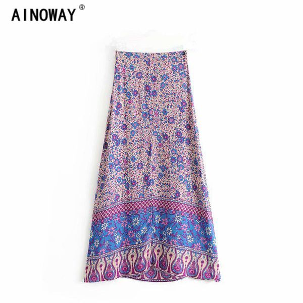 

vintage chic fashion hippie women purple floral print beach bohemian skirt high waist a-line rayon boho maxi femme skirts, Black