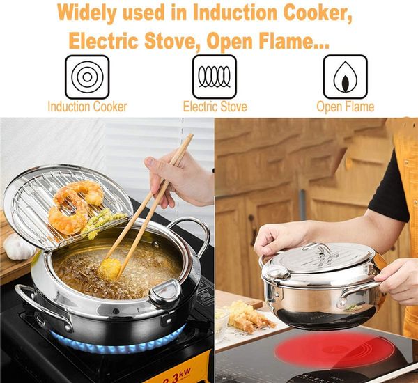 

japanese fryer pan deep frying pot with thermometer and a lid 304 stainless steel kitchen tempura cookware