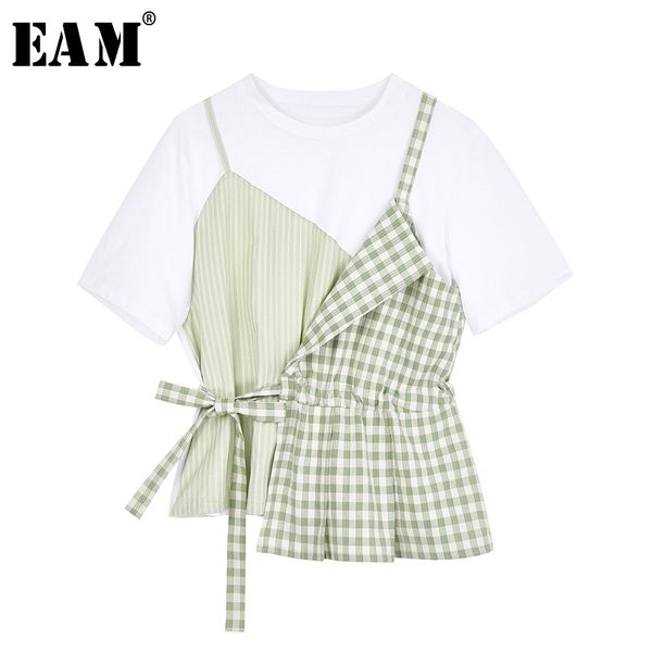 [Eam] Mulheres Green Xadrez Split Split Cordão Irregular T-shirt Redondo Pescoço De Manga Curta Moda Primavera Verão 1W822 210512