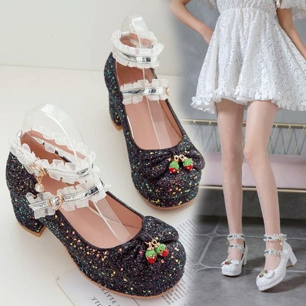 

dress shoes womens mary jane bowknot crystal sequins bling lace lolita block high heel pumps belt sweet plus size 34-48 3colors, Black