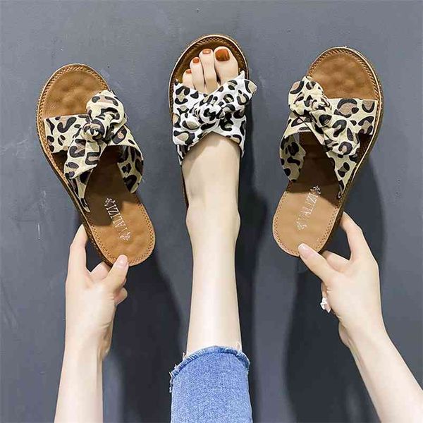 

summer women flock slippers flat non slip rubber sole leopard bow-tied outdoor beach slides fashion celebrities shoes ladies 210619, Black