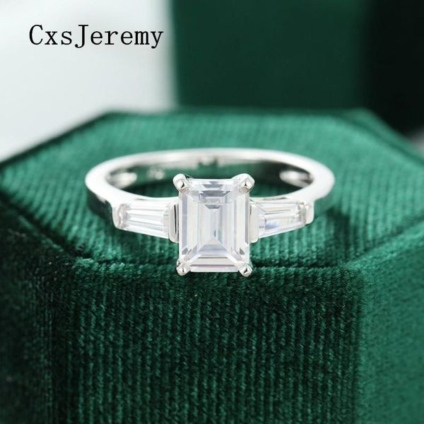 

cluster rings cxsjeremy emerald cut 6*8mm 2 carte ct moissanite engagement ring 14k white gold three stone dimod for women wedding gift, Golden;silver