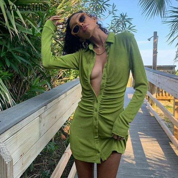 

wannathis green velvet dress women turn-down collar long sleeve front button autumn clothes ruched fashion party mini casual dresses, Black;gray