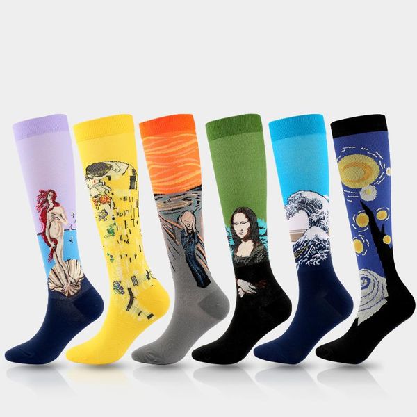 

men's socks halloween explosive sports compression men and women famous painting mona lisa quick-drying calf basketball, Black