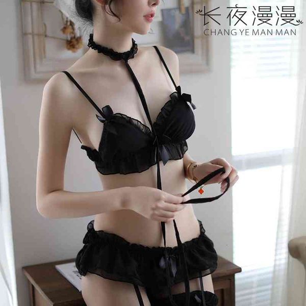 

designer set long night lingerie princess garter lace three point suit, Black;white