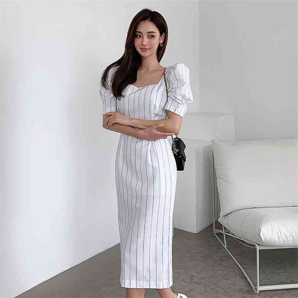 

white stripe long dress for women summer short sleeve square neck polyester sundress ladies korea maxi dresses 210602, Black;gray