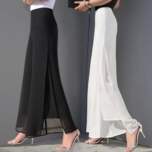 

summer chiffon wide leg long womens pants trousers casual vintage high waist side split loose bohemia skirt women, Black;white