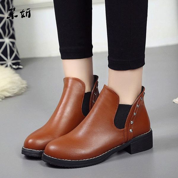

boots autumn women ankle rivet thick heels all match casual slip on british style metal color, Black