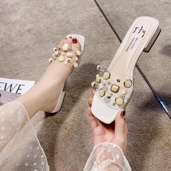 

slippers fashion brand crystal low heel women summer open toe transparent flat sandals ladies sweet slides 2021, Black