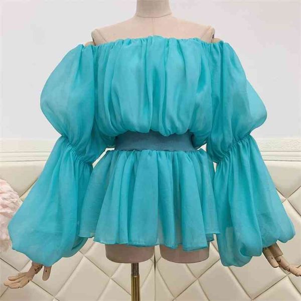 

summer off shoulder chiffon white blouse for women slash neck lantern sleeve elegant ladies fashion women's 210602