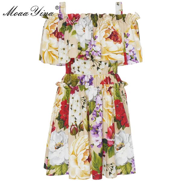 

fashion designer runway dress summer women floral-print off shoulder holiday elegant cotton dresses 210524, Black;gray