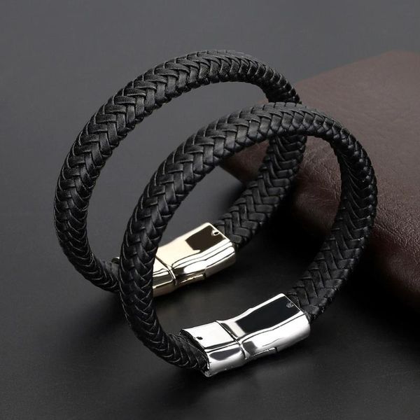 

charm bracelets 2021 fashion jewelry vintage black weave pu leather bracelet men cuff bangles for women pulseras mujer, Golden;silver