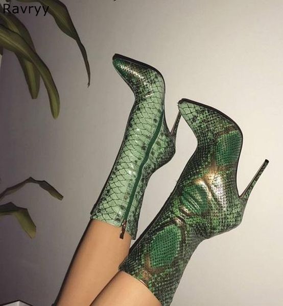 

boots green snakeskin pointed toe woman short 2021 autumn winter fashion ankle booties thin heel female motorcycle, Black