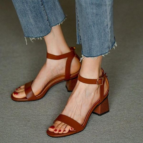 

dress shoes vintage buckle strap thick heels sandals women leather ankle wrap gladiator woman high office ladies, Black