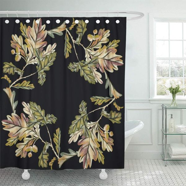 

shower curtain,botanic oak branches leaves and acorns floral drawn by pencils in vintage great for placing text,waterproof bath