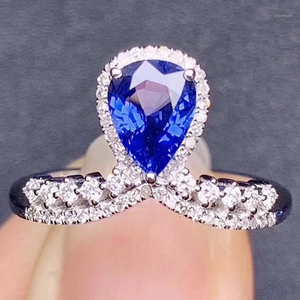 

cluster rings natural real blue sapphire crown ring per jewelry 925 sterling silver 5*7mm 0.75ct gemstone fine j212177, Golden;silver