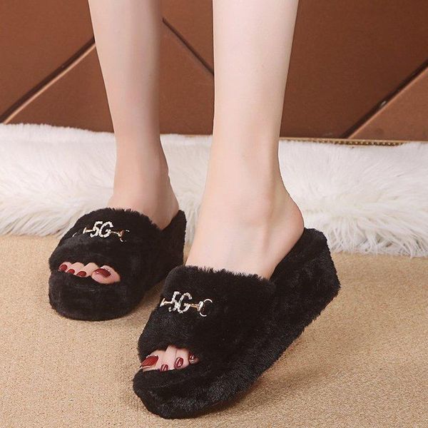 

slippers 2021women spring plush platform flat bottom antiskid indoor wedges rhinestone comfortable sandals outdoor leisure woman, Black